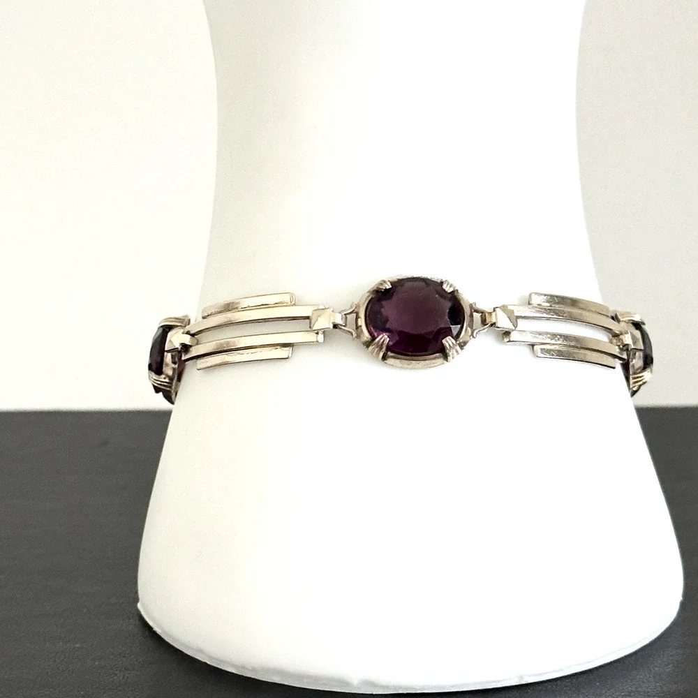 Symmetalic 925 Sterling Silver & 14K Gold Two Tone Purple Faceted Glass Bracelet